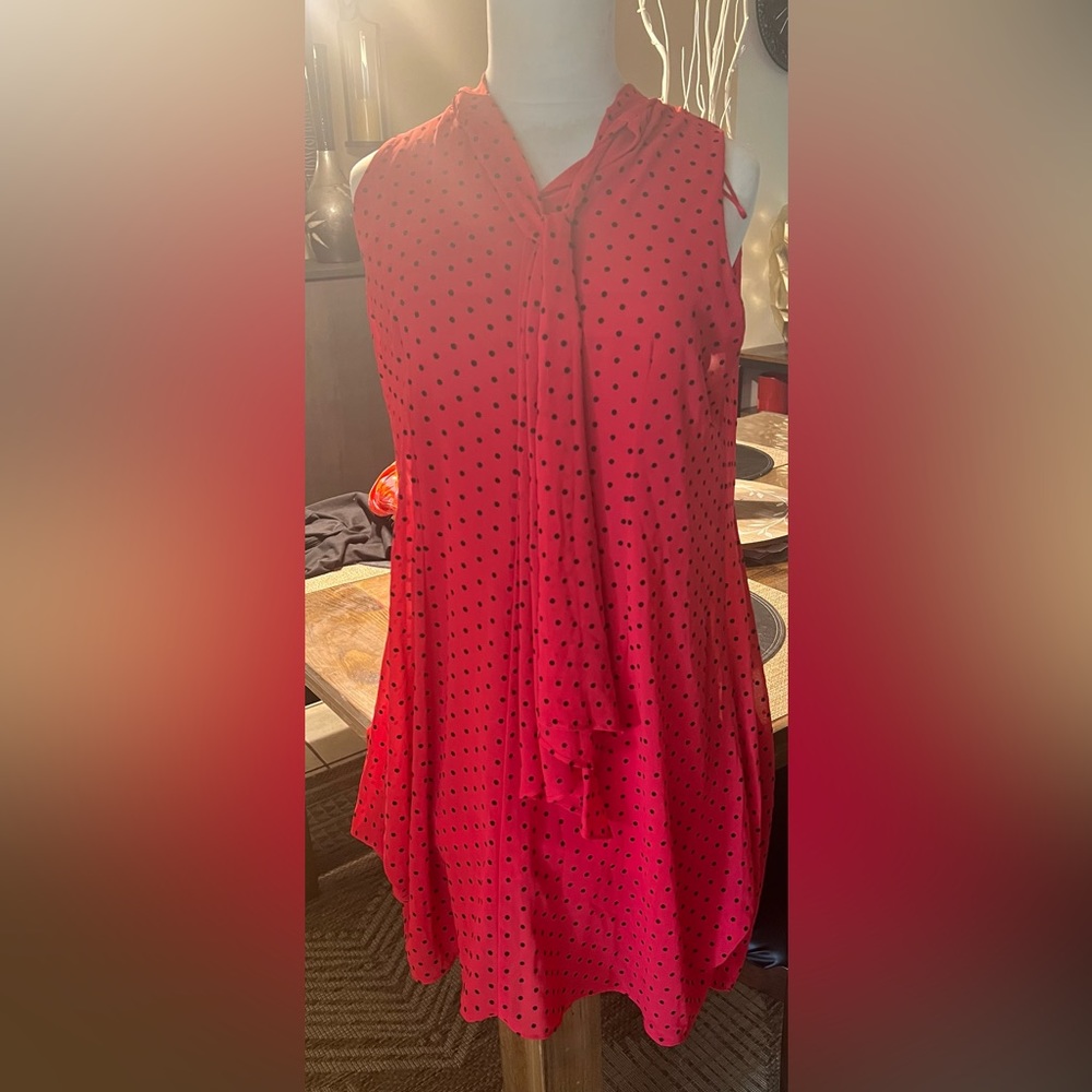 Never worn red dress with black polka dots. 100 percent polyester with lining.